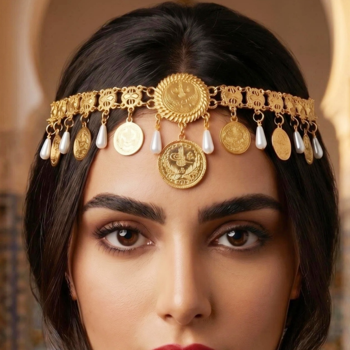 Women'S Egyptian Accessories - เครื่องประดับศีรษะแบบชาวเคอร์ด โลหะสีทองแบบอียิปต์ ประดับเหรียญและมุกเทียม พร้อมพู่ห้อย สำหรับผู้หญิง เหมาะสำหรับงานปาร์ตี้และวันหยุด
