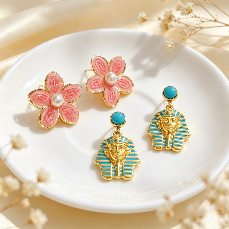 Women'S Egyptian Accessories - ต่างหูสตรีสแตนเลสสตีล Kalen ต่างหูดอกไม้สีชมพูและต่างหูฟาราอูนอียิปต์สีเขียวขุ่น เครื่องประดับแฟชั่น