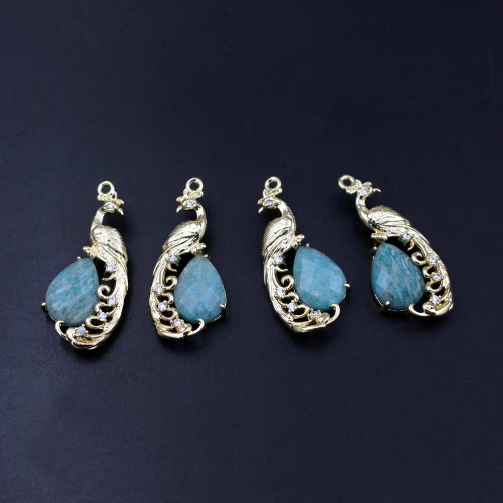 Women Accessories Dropshipping - อุปกรณ์ทำเครื่องประดับ DIY 4 ชิ้น จี้รูปนกยูงประดับด้วยพลอยอะมาโซไนต์ ลาพิส