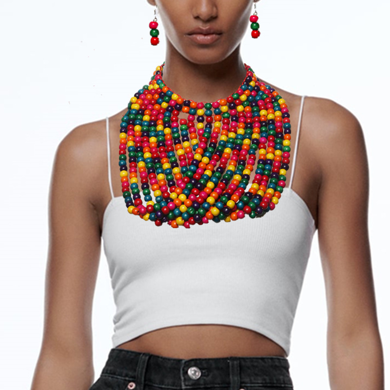 Women Accessories In Amazon - ชุดสร้อยคอหลายชั้นประดับลูกปัดไม้สไตล์แอฟริกัน พร้อมพู่ห้อย ดีไซน์โดดเด่นแบบยุโรปและอเมริกา เหมาะสำหรับงานเลี้ยง สร้อยคอแบบอเมซอน