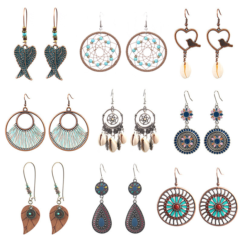 Women Accessories In Amazon - ชุดต่างหูหลายชิ้นยอดนิยมของ Amazon ข้ามพรมแดน ต่างหูกลวงทรงกลมทอมือในยุโรปและอเมริกา เครื่องประดับแห่งความรัก