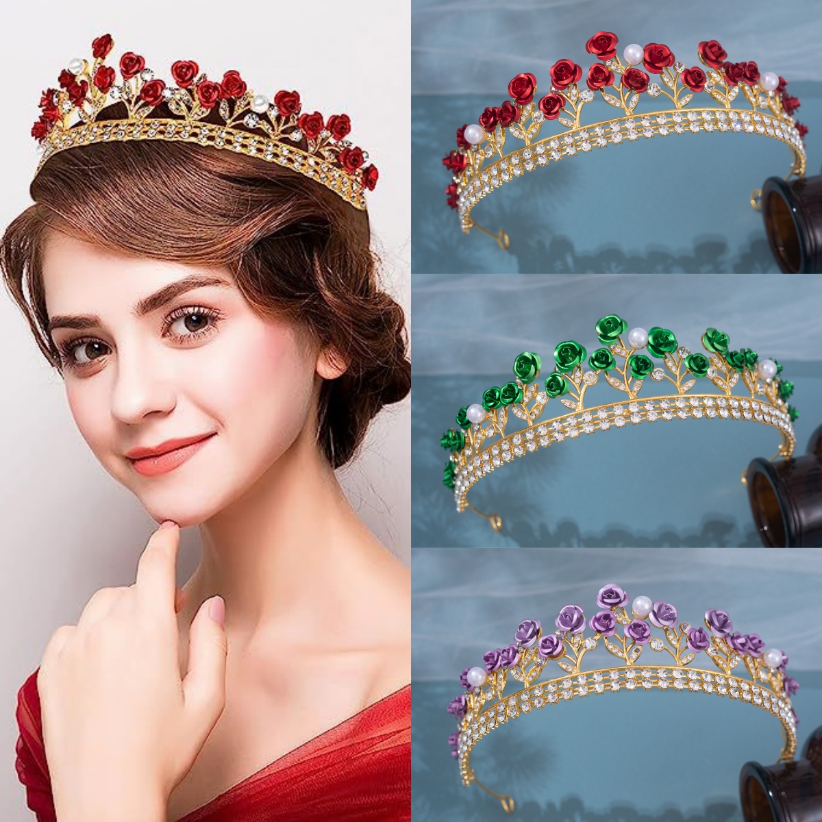 Women Accessories For Wedding - มงกุฎเจ้าสาวเซรามิกสไตล์บาโรก ประดับคริสตัล ไข่มุก และดอกกุหลาบ พร้อมเพชรเทียม สำหรับงานพรอม